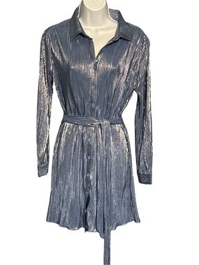 Y2K Metallic Shimmer Belted Party Dress Glam Holiday Mini Dress